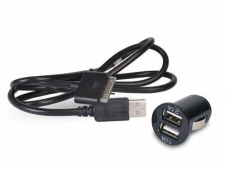 Dual Port USB Car Charger w/Bonus USB to 30-Pin Dock Connector Cable